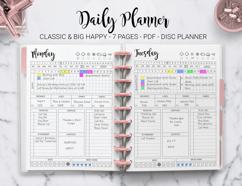 Daily Planner Day Planner Work Planner Weekly Planner Hourly Planner 10 Minute Mambi Classic HP Big Happy Planner PDF Printable Inserts 