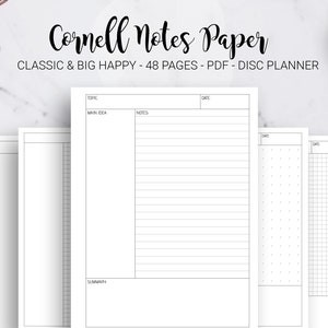 Cornell Notes Method Paper Student Note Taking Template Dot Grid Lined Blank Isometric Mambi Classic Big Happy Planner PDF Printable Inserts