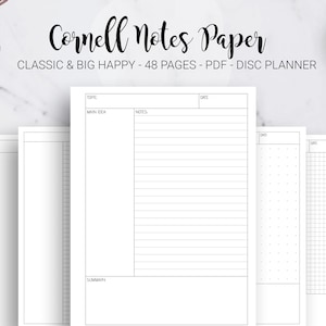 Cornell Notes Method Paper Student Note Taking Template Dot Grid Lined Blank Isometric Mambi Classic Big Happy Planner PDF Printable Inserts