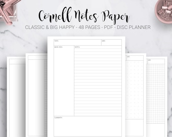 Cornell Notes Method Paper Student Note Taking Template Dot Grid Lined Blank Isometric Mambi Classic Big Happy Planner PDF Printable Inserts