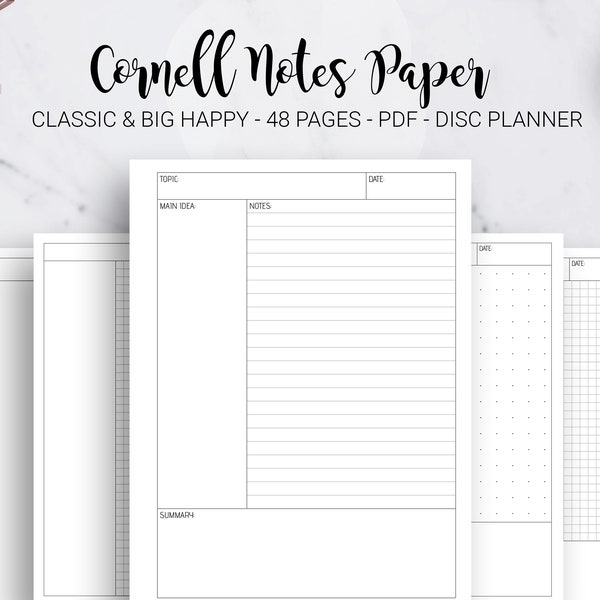 Cornell Notes Method Paper Student Note Taking Template Dot Grid Lined Blank Isometric Mambi Classic Big Happy Planner PDF Printable Inserts
