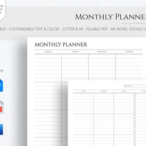 EDITABLE Planificador mensual sin fecha Mes en 2 páginas Mes de un vistazo Calendario mensual Minimalista A4 Carta PDF rellenable Google Docs Word
