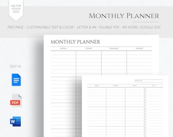 Editable Monthly Planner, Minimalist Month on 2 Pages (Fillable PDF, Google Docs, Word)