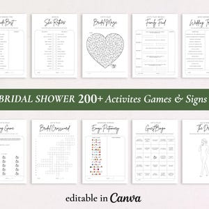 Può includere: Una raccolta di dieci fogli di gioco stampabili per addio al nubilato su sfondo bianco con testo e grafica neri, tra cui Who Knows the Bride Best, Bridal Maze, Family Feud, Wedding Traditions, Ring Game, Bridal Crossword, Emoji Pictionary, Guest Bingo e The Dress.