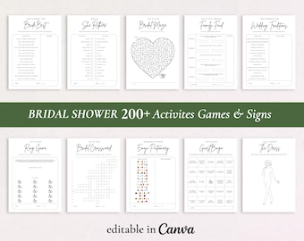 Paquete de juegos para despedida de soltera, juegos minimalistas para despedida de soltera, juegos modernos para despedida de soltera, juego de emojis con frases para la novia, plantilla editable de Canva