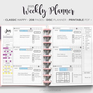 Planificador semanal 2025 Lista de tareas Planificador diario Tareas semanales Cuadrícula de puntos Seguimiento de hábitos Planificador Happy clásico Mambi Inserciones imprimibles en PDF de HP