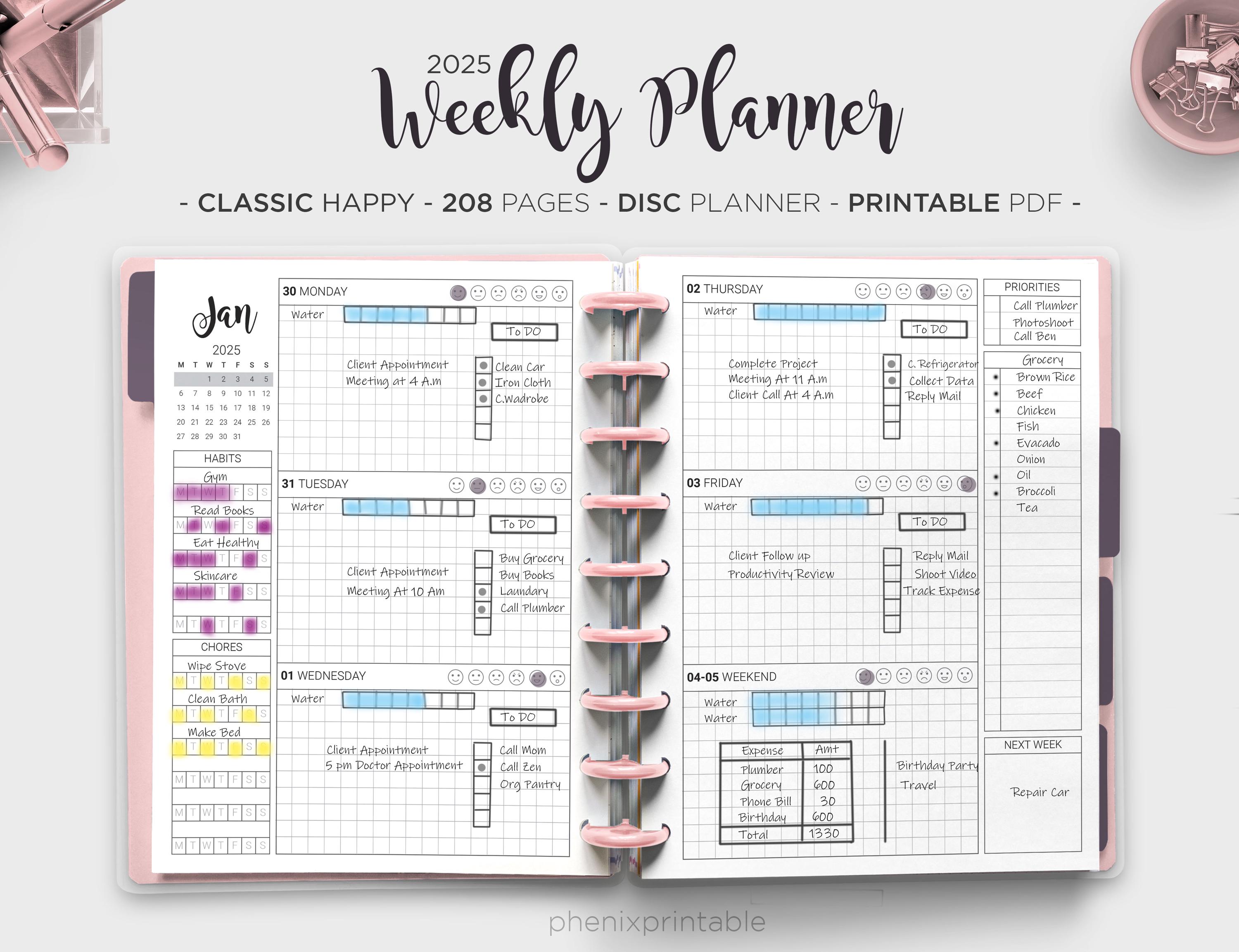 2025 Weekly Planner To Do List Daily Planner Weekly Chores Dot Line Grid Habit Tracker Mambi Classic Happy Planner HP PDF Printable Inserts