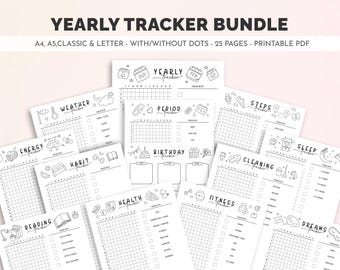 Può includere: Un pacchetto di 25 pagine di tracciamento annuale stampabili in formato PDF. Le pagine sono progettate in bianco e nero con varie icone e titoli come "Meteo", "Energia", "Abitudine", "Lettura", "Periodo", "Compleanno", "Passi", "Pulizia", "Sonno", "Fitness" e "Sogni".