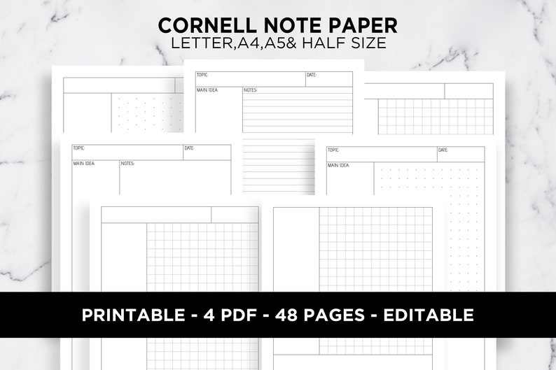 Cornell Notes Method Paper Note Taking Template Student Note Dot Grid Lined Blank Isometric Editable A5 A4 Letter Half Size PDF Printable 