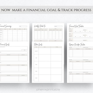 Op de afbeelding: Printbare financi&euml;le plannerpagina's met secties voor financi&euml;le samenvatting, wekelijkse controle, financi&euml;le doelen, toekomstige doelen, financi&euml;le doelen tracker en uitgaven envelop tracker.
