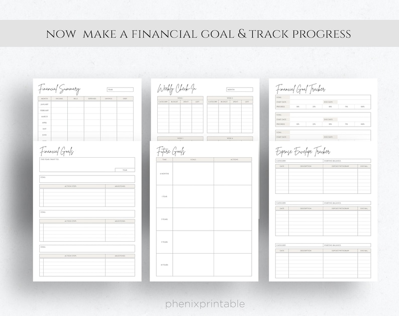Op de afbeelding: Printbare financi&euml;le plannerpagina's met secties voor financi&euml;le samenvatting, wekelijkse controle, financi&euml;le doelen, toekomstige doelen, financi&euml;le doelen tracker en uitgaven envelop tracker.