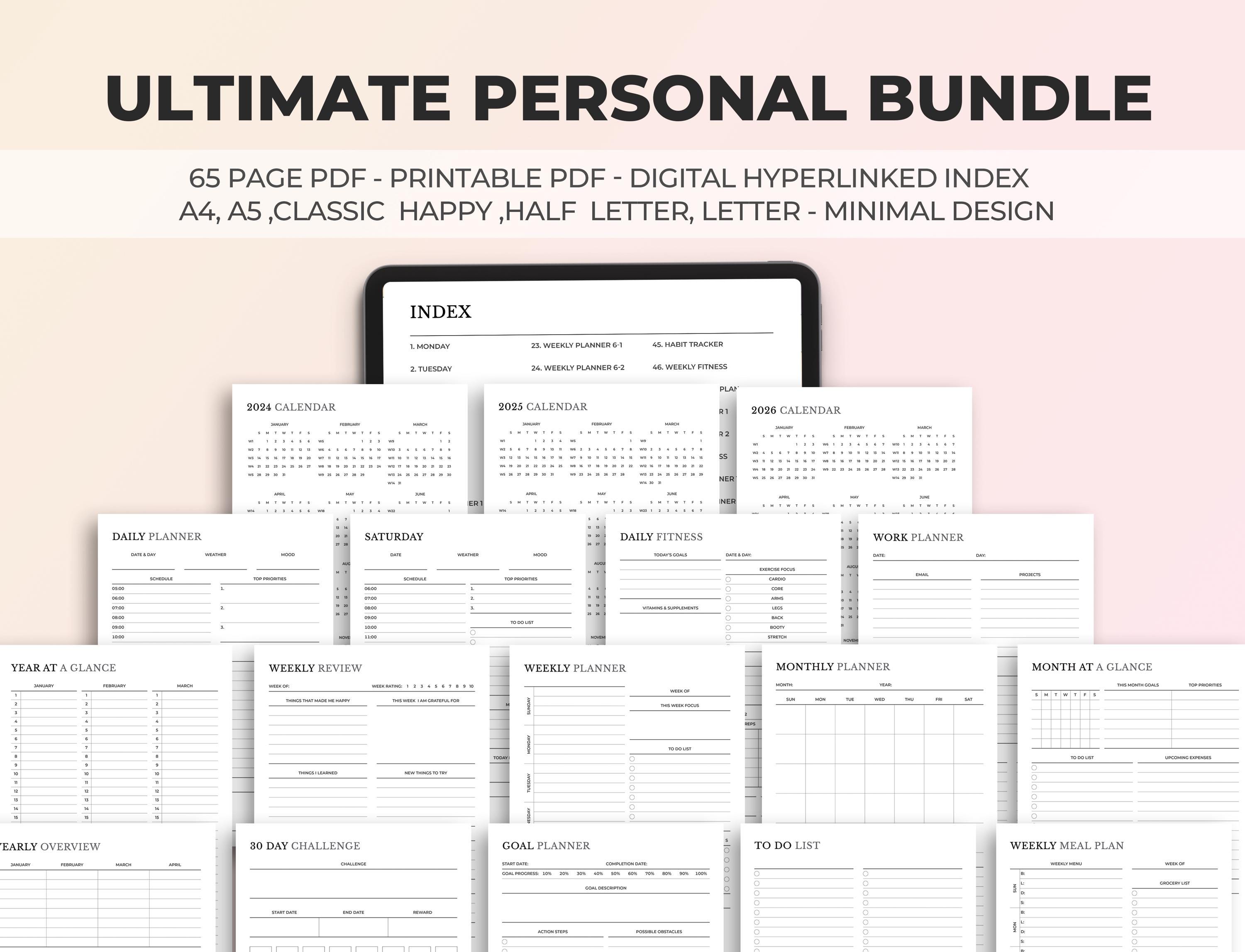 Daily Weekly Monthly Planner, Personal Planner Bundle, Goal, Health, Productivity, Finance, 2024 2025 2026 Year Calendar, Printable Planner