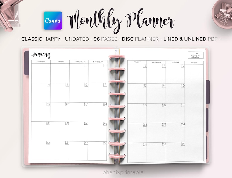 May include: An open disc-bound monthly planner with white pages featuring a black grid calendar for January. The header reads Monthly Planner, Classic Happy, Undated, 96 Pages, Disc Planner, Lined & Unlined PDF. The year 2027 is printed in the corner.