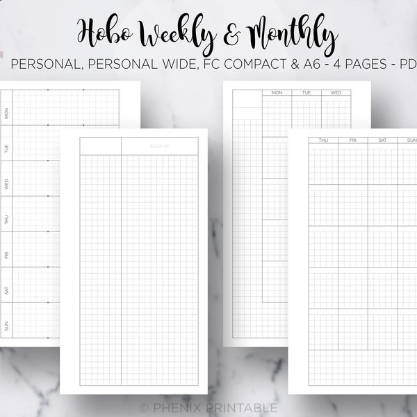 Hobonichi Weekly Planner Hobo Techo Monthly Planner Grid Planner Hobos Cousin Filofax Personal Wide A6 FC Compact PDF Printable Insert