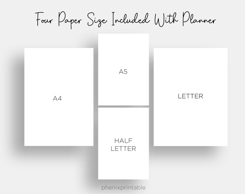 Puede incluir: Se muestran cuatro tama&ntilde;os de papel diferentes: A4, A5, Letter y Half Letter. Los tama&ntilde;os de papel est&aacute;n representados por rect&aacute;ngulos blancos con el nombre del tama&ntilde;o de papel escrito en texto negro.