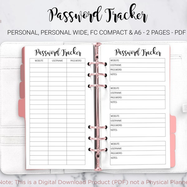 Password Tracker Log Password Organizer Keeper Password List Keeper Filofax Personal A6 FC Compact Personal Wide PDF Printable Inserts