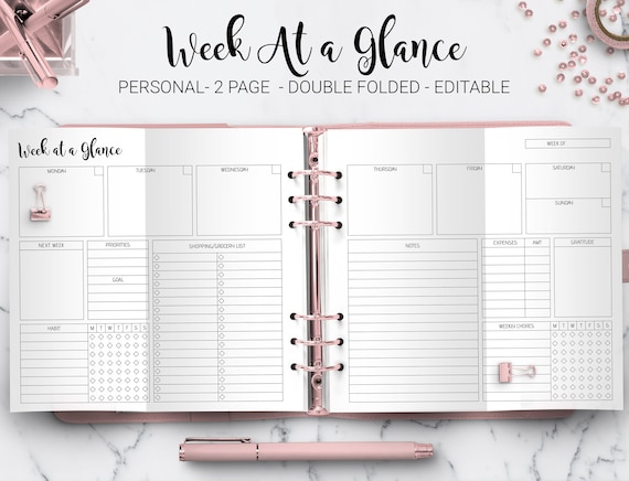 Weekly Planner Insert, Undated Agenda, Filofax Personal Size (PDF Printable)