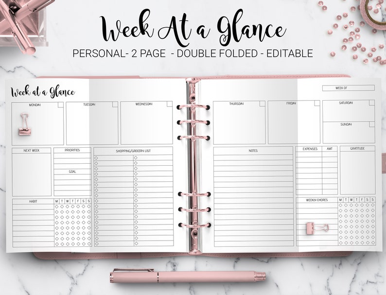 May include: A two-page, double-folded planner with a white background and black text. The planner is divided into sections for each day of the week, with space for notes, priorities, shopping lists, and habit tracking. The planner also includes a section for next week's goals and a section for weekly chores.