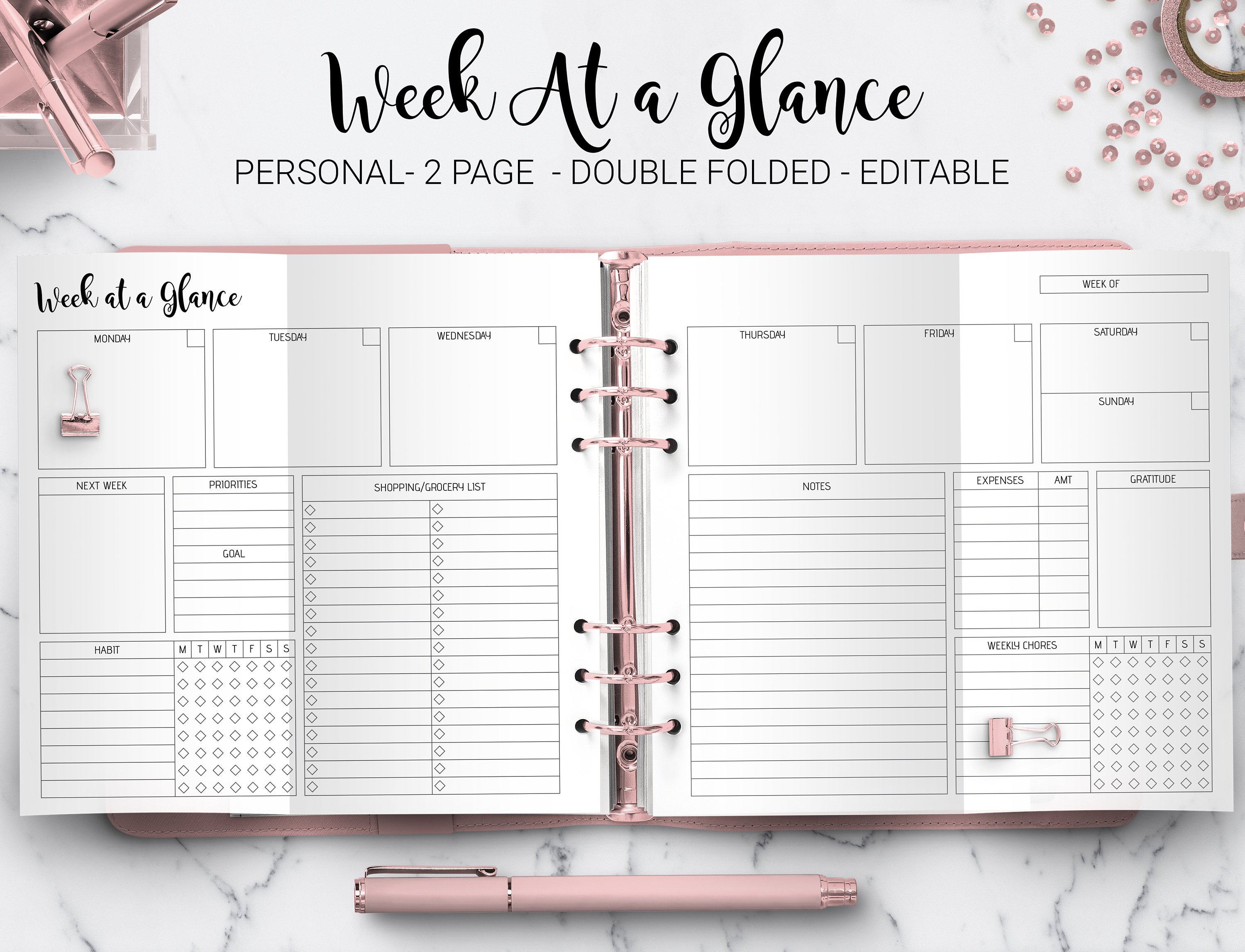 Week at a Glance Weekly Planner Undated Weekly Layout Agenda Foldout Insert Filofax Personal Size Folded Editable PDF Printable Insert