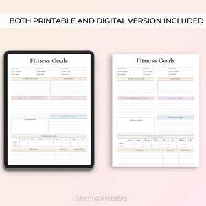 May include: Printable and digital fitness goal tracker with sections for weight, measurements, goals, and rewards. The tracker has a light pink, blue, and green colour scheme.