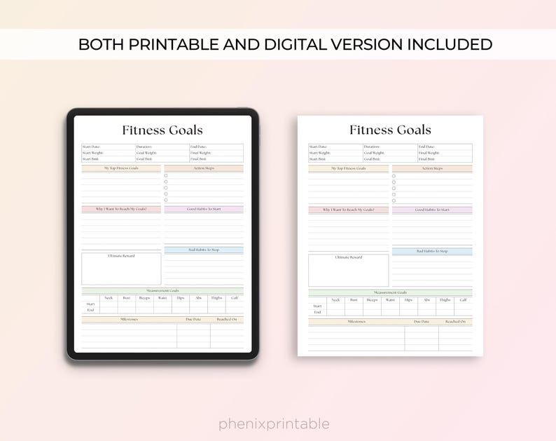 May include: Printable and digital fitness goal tracker with sections for weight, measurements, goals, and rewards. The tracker has a light pink, blue, and green colour scheme.