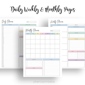 May include: Printable planner pages with daily, weekly, and monthly layouts. The pages are designed with pastel colors and include sections for scheduling, priorities, to-do lists, and notes.