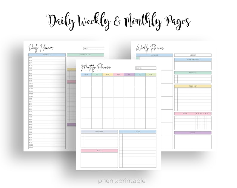 May include: Printable planner pages with daily, weekly, and monthly layouts. The pages are designed with pastel colors and include sections for scheduling, priorities, to-do lists, and notes.