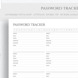 EDITABLE Password Tracker Printable & Fillable Password Log Password Keeper Password Organizer Template Address Book Pages A4 Letter PDF