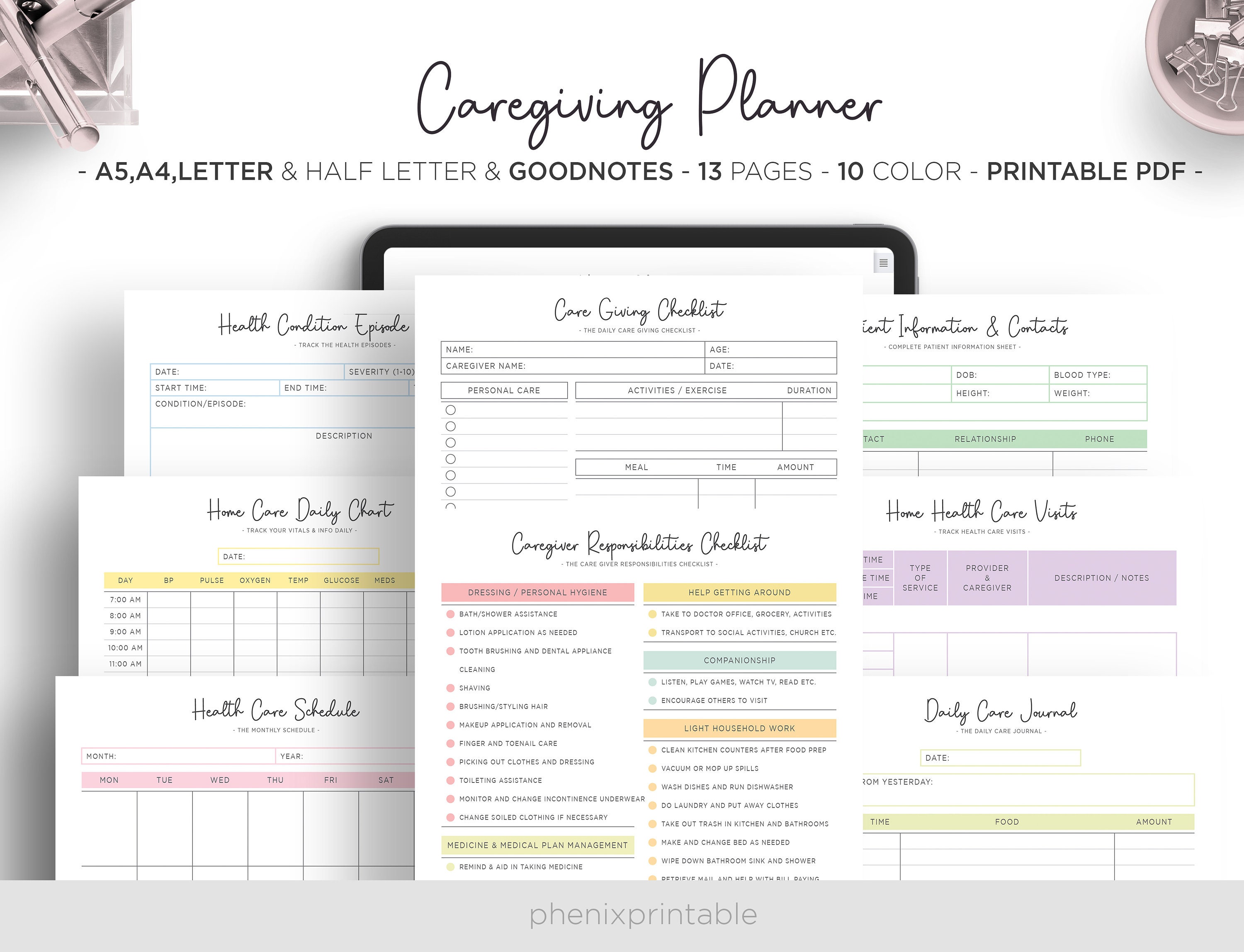 Caregiver Daily Task Caregiving Checklist Elderly Care Caregiver Schedule Goodnotes iPad Planner A5 A4 Letter Half Size PDF Printable Insert