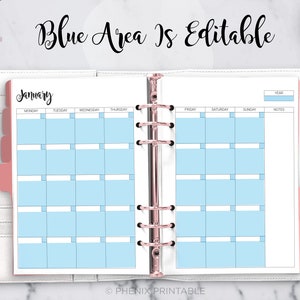 May include: A printable planner page for the month of January. The page is designed for a ring binder and has a light blue background for the daily boxes. The text "January" is at the top of the page. The text "YEAR" is at the top of the right side of the page. The text "MONDAY" through "SUNDAY" is at the top of the page. The text "NOTES" is at the top of the right side of the page.