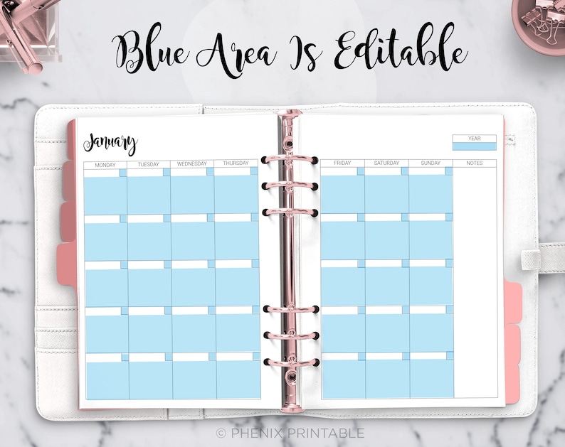 May include: A printable planner page for the month of January. The page is designed for a ring binder and has a light blue background for the daily boxes. The text "January" is at the top of the page. The text "YEAR" is at the top of the right side of the page. The text "MONDAY" through "SUNDAY" is at the top of the page. The text "NOTES" is at the top of the right side of the page.