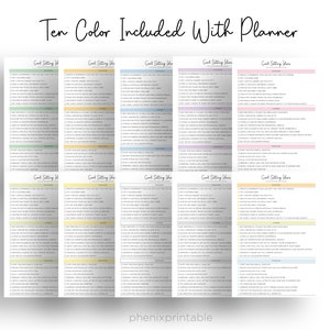 May include: Ten printable goal setting sheets in different colors. Each sheet has a list of goal setting ideas with checkboxes.