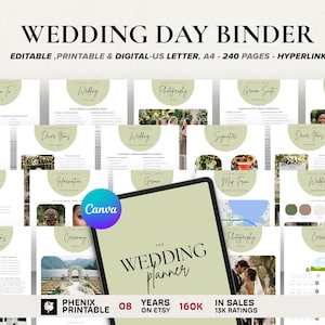 Puede incluir: Un planificador de bodas digital con un fondo verde claro. El planificador incluye secciones para varios aspectos de la planificación de bodas, como fotografía, ceremonia y decoración. El texto en la portada dice "The Wedding Planner."