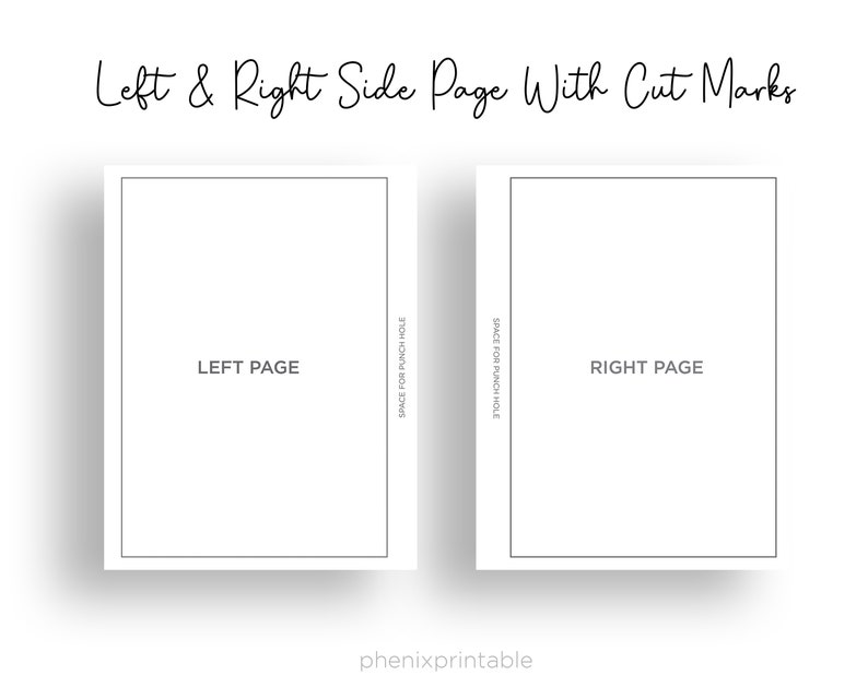 May include: Two blank white pages with black borders and text that says "LEFT PAGE" and "RIGHT PAGE". The pages are designed for a notebook or journal and have space for punch holes.