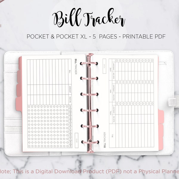 Bill Tracker Payment Organizer Yearly Monthly Bill Finance Planner Filofax Pocket & Pocket XL Ring Binder Planner PDF Printable Insert