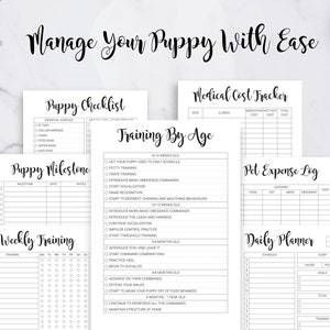 May include: Black and white printable planner pages for managing a puppy. The pages include a puppy checklist, puppy milestone tracker, weekly training log, training by age, medical cost tracker, pet expense log, and a daily planner.