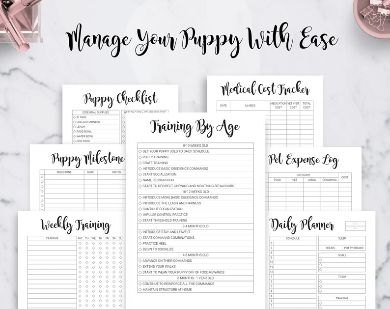 May include: Black and white printable planner pages for managing a puppy. The pages include a puppy checklist, puppy milestone tracker, weekly training log, training by age, medical cost tracker, pet expense log, and a daily planner.