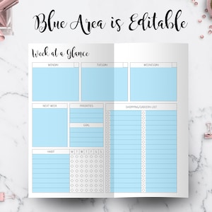 May include: A weekly planner with a light blue background. The planner has sections for Monday, Tuesday, Wednesday, Next Week, Priorities, Goal, Habit, and a shopping/grocery list. The planner has a section for each day of the week with checkboxes for each hour.