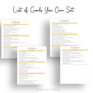 May include: A printable checklist with the title "List of Goals You Can Set" and four sections titled "Goal Setting Ideas" with checkboxes and goal ideas for different categories.