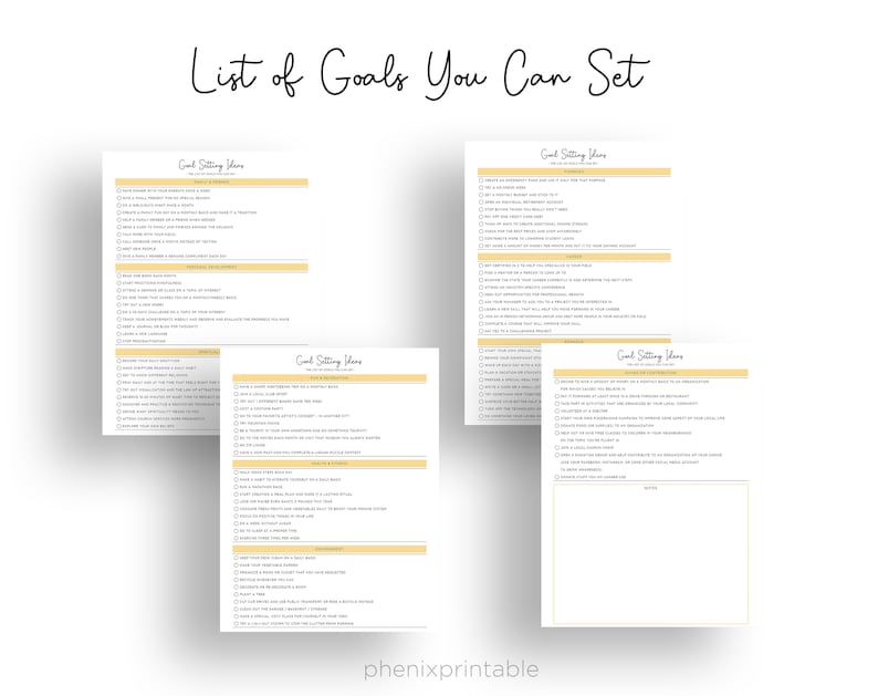 May include: A printable checklist with the title "List of Goals You Can Set" and four sections titled "Goal Setting Ideas" with checkboxes and goal ideas for different categories.