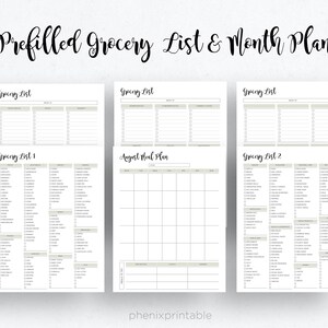 May include: Printable grocery list and monthly meal planner with pre-filled lists for groceries and meal planning. The planner includes three grocery lists and a monthly meal plan grid.