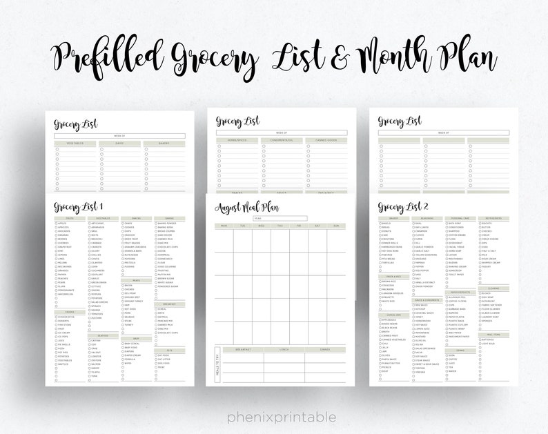 May include: Printable grocery list and monthly meal planner with pre-filled lists for groceries and meal planning. The planner includes three grocery lists and a monthly meal plan grid.