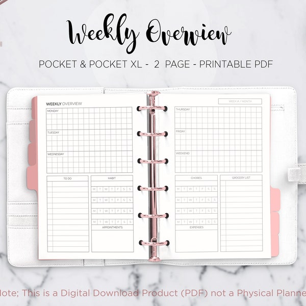 Woche auf einen Blick Wochenplaner Undatierte Wochenplaner Agenda Übersicht Filofax Pocket & Pocket XL Ring Binder Planner PDF Druckbare Einlage