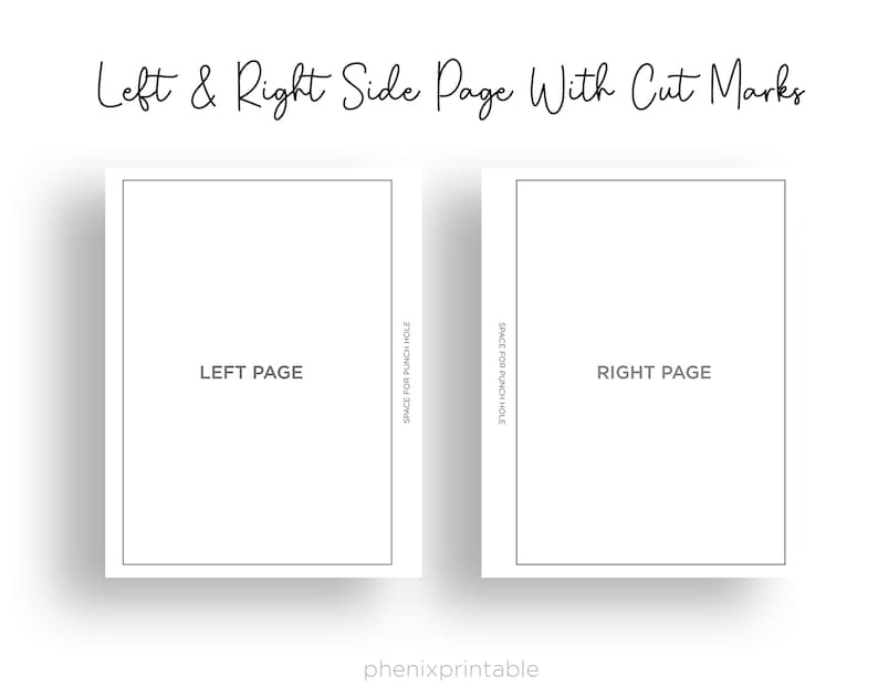 Op de afbeelding: Twee lege witte pagina's met zwarte randen en de tekst "Linker pagina" en "Rechter pagina". De pagina's zijn ontworpen voor een notitieboek of dagboek en hebben ruimte voor perforatiegaten.
