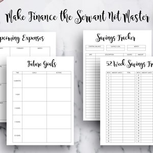 May include: A printable budget planner with sections for upcoming expenses, future goals, and savings tracking. The planner includes a 52-week savings tracker with columns for week number, amount saved, and total.