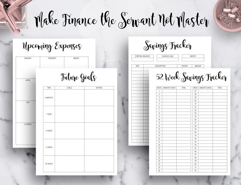 May include: A printable budget planner with sections for upcoming expenses, future goals, and savings tracking. The planner includes a 52-week savings tracker with columns for week number, amount saved, and total.