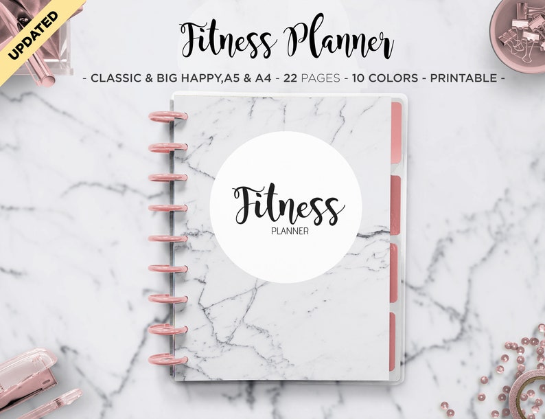 Fitness Planner Journal Weight Loss Calorie Tracker Workout Log 30 Day challenge Mambi Classic HP Big Happy Planner PDF Printable Inserts image 1