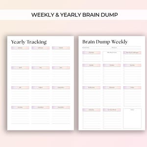 Op de afbeelding: Een planner spread met de tekst "WEEKLY & YEARLY BRAIN DUMP". De linkerpagina is "Yearly Tracking" met maanden vermeld. De rechterpagina is "Brain Dump Weekly" met secties voor elke dag van de week en notities.