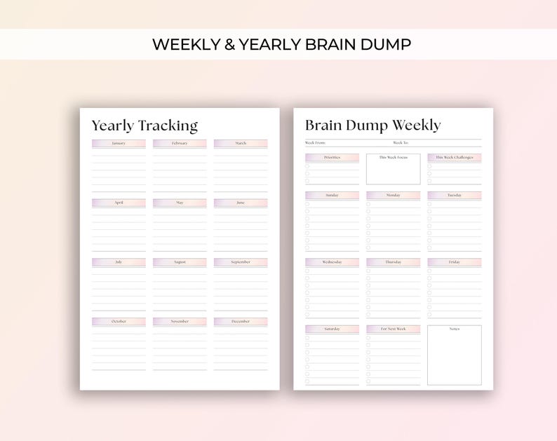 Op de afbeelding: Een planner spread met de tekst "WEEKLY & YEARLY BRAIN DUMP". De linkerpagina is "Yearly Tracking" met maanden vermeld. De rechterpagina is "Brain Dump Weekly" met secties voor elke dag van de week en notities.