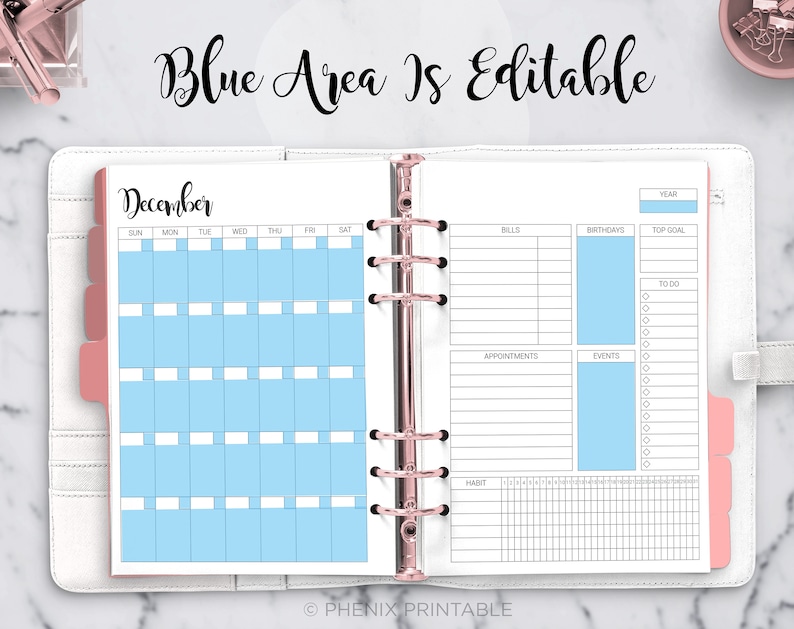 Month at a Glance Monthly Planner Calendar Undated Bill Habit Tracker To Do List Daily Planner A5 A4 Letter Half Size PDF Printable Insert image 4